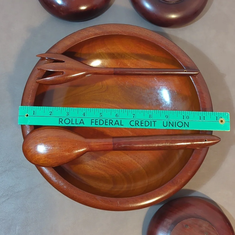 Vintage CaribCraft Solid Mahogany Wood Bowls Salad Set With Fork And Spoon Haiti